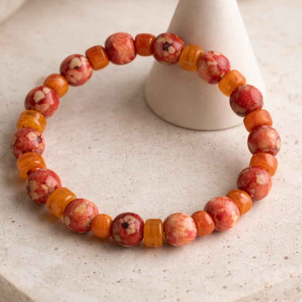 Orange and Brown African Wooden Beads‎ with Orange India Beaded Bracelet